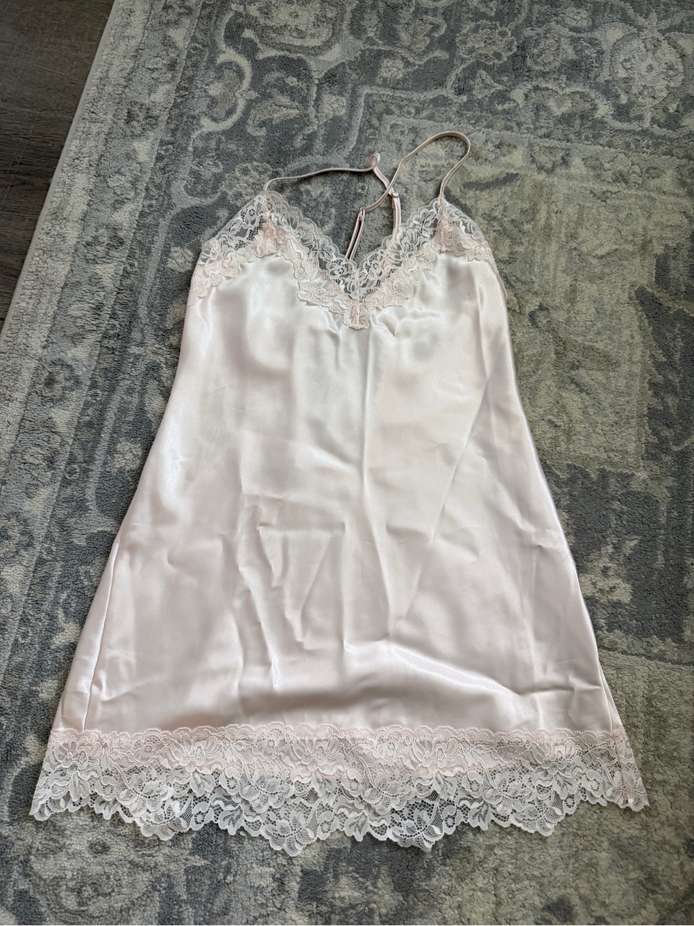 Silk-Feel Lace Trim Slip Nightdress in Pale Pink